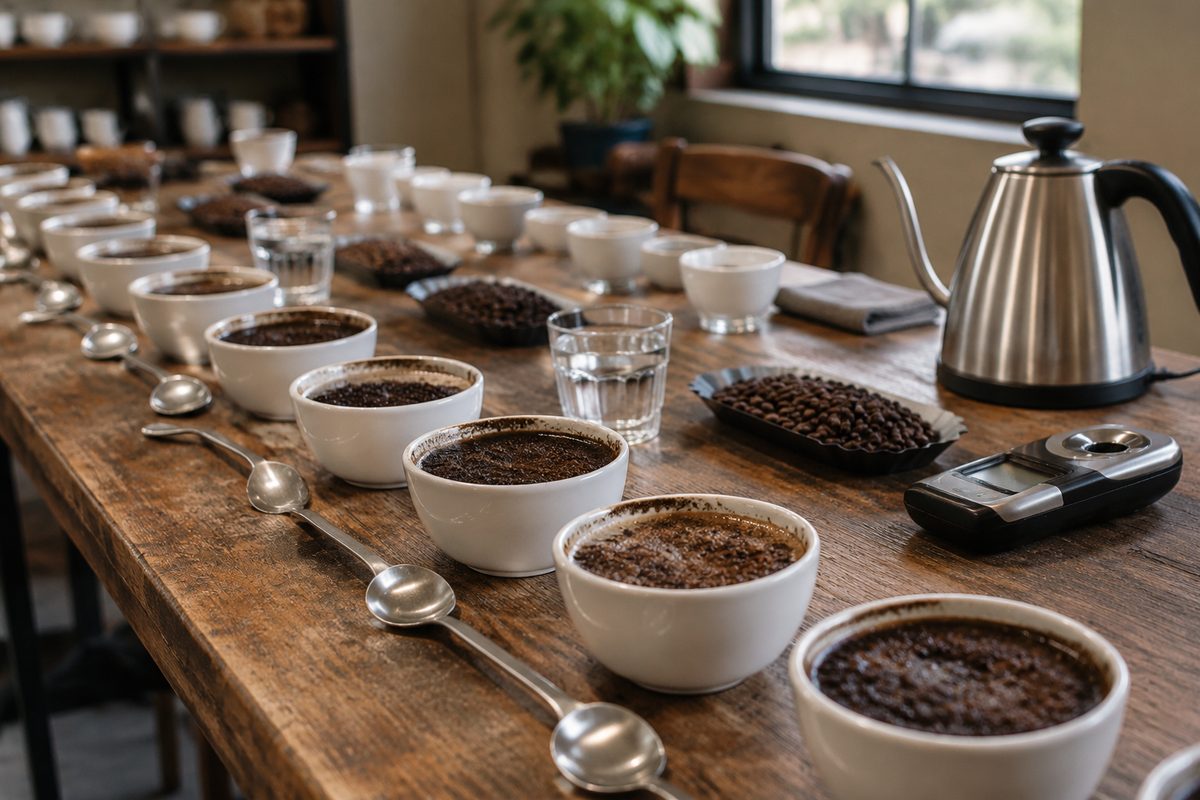 Sensory cupping table with steeped specialty coffee bowls and cupping spoons for flavor profiling