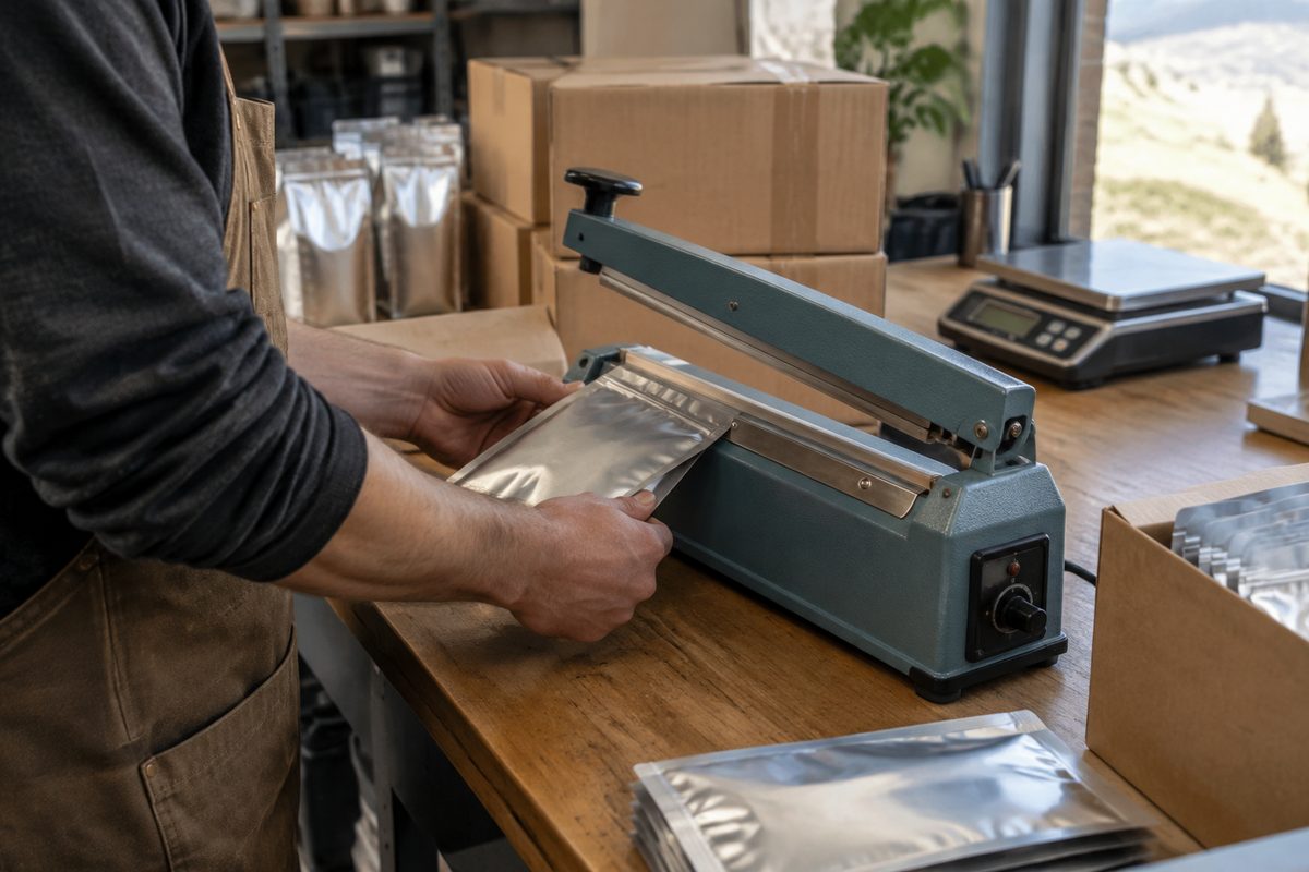 Roastery packing specialist heat-sealing a specialty coffee valve pouch at the fulfillment workbench