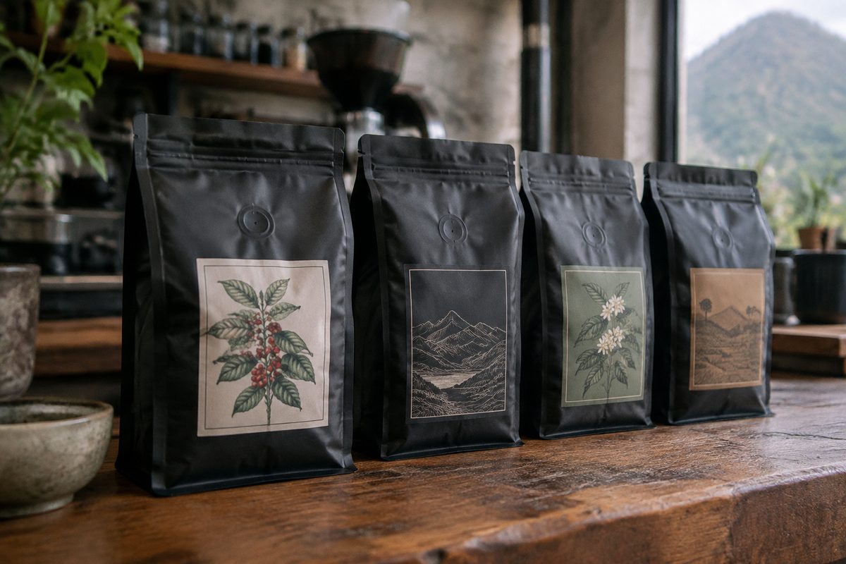 Specialty 12 oz matte coffee retail pouches with degassing valves on display