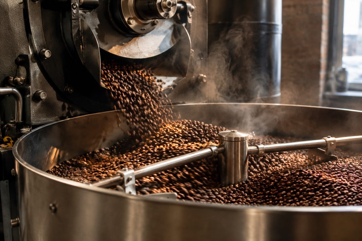 Whole roasted coffee beans churning across a stainless steel cooling tray under warm roasting plant lighting